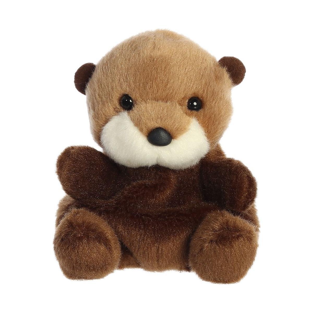The Twice as Sweet Palm Pal Selena Sea Otter plush has soft brown fur, a white muzzle, black eyes and nose, and dark brown arms—perfect for cuddles or aquatic adventures—shown sitting upright against a white background.