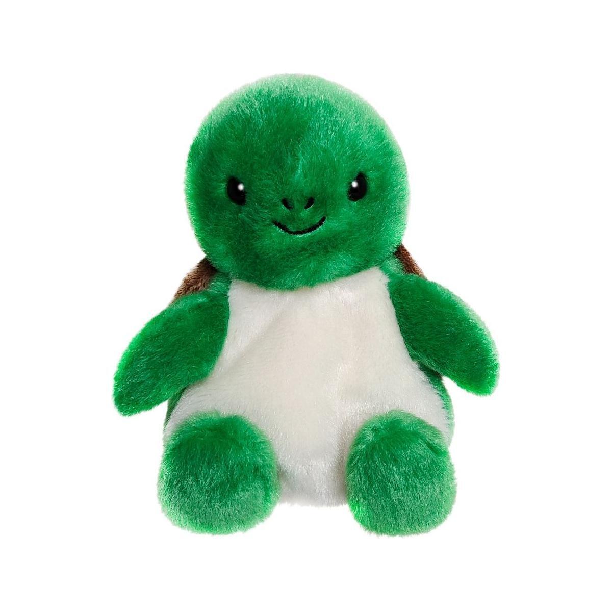 The Twice as Sweet Palm Pal Honu Sea Turtle plushie, featuring a green body, white belly, brown shell, and a smiling face, sits upright against a white background.