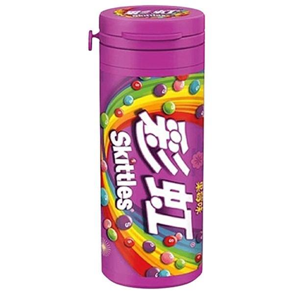 A tall, cylindrical Twice as Sweet Skittles Tube Berry 30g (China) container with a flip-top lid, featuring colorful berry Skittles and a vibrant rainbow label design.