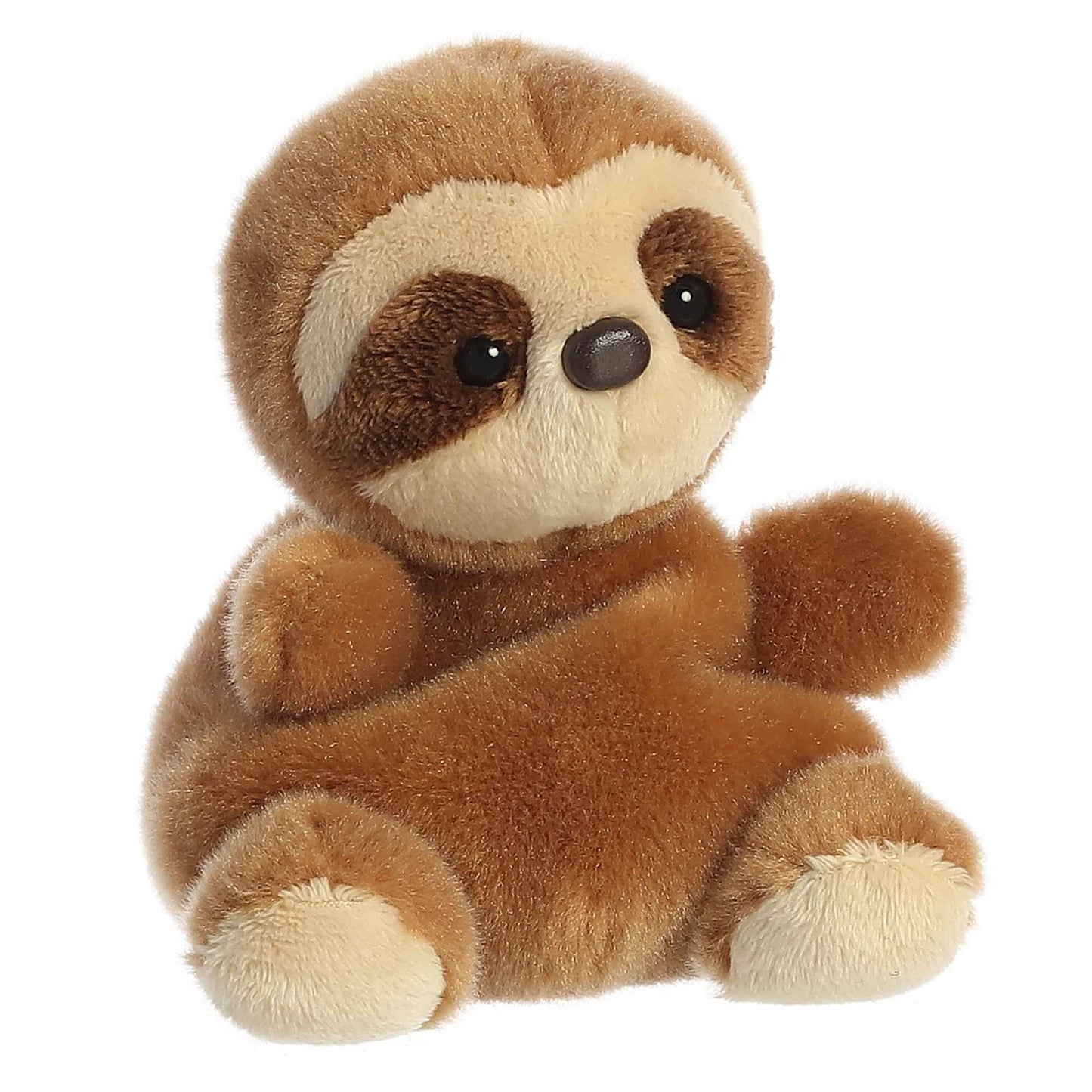 The Twice as Sweet Palm Pal Slomo Sloth is a soft, brown and beige plush with round black eyes and a small black nose, sitting upright with arms and legs spread—perfect for cozy naps or as a cuddly stuffed companion.