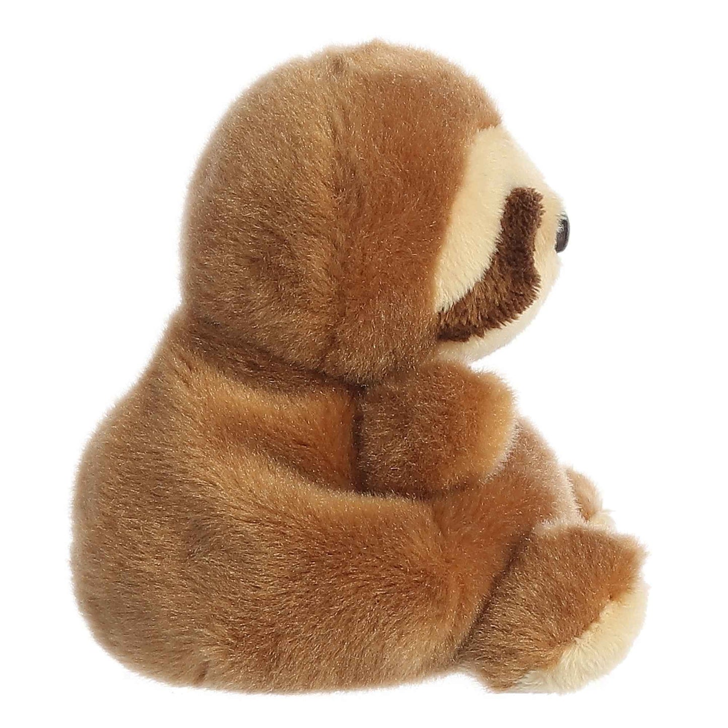 The Twice as Sweet Palm Pal Slomo Sloth plush sits upright facing right, featuring soft brown fur, a beige face with dark eye markings, and small limbs—perfect for snuggling or as an adorable stuffed animal friend.