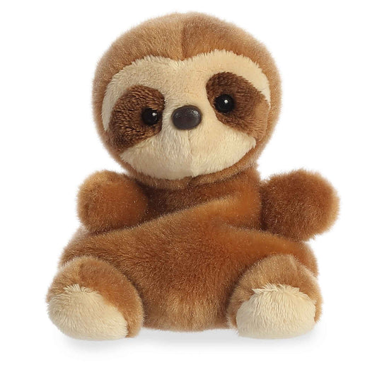 The Palm Pal Slomo Sloth by Twice as Sweet, featuring brown and beige fur, black eyes, and a cream snout, has a soft, cuddly look—perfect for naptime—and sits against a plain white background.