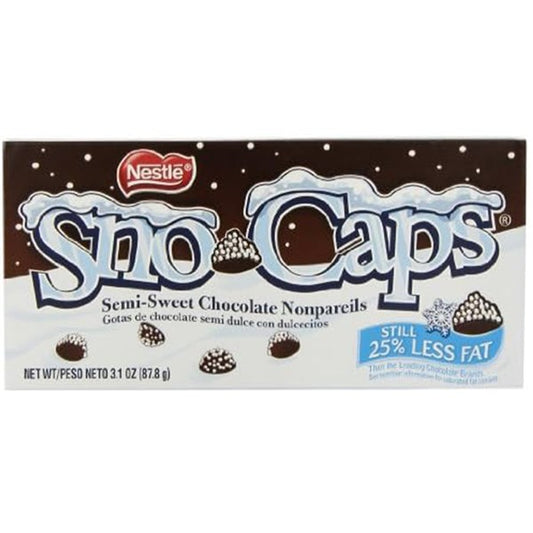 A Sno-Caps Theatre Box 87g (USA) from Twice as Sweet features semi-sweet chocolate drops with white nonpareil sprinkles, has 25% less fat, and comes in a 3.1 oz (87g) theatre-style package.