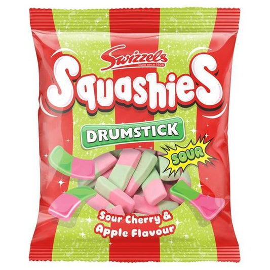 A 120g packet of Twice as Sweet Squashies Sour Cherry and Apple (UK) features pink and green chewy sour candies, with SOUR highlighted in a starburst on the packaging.