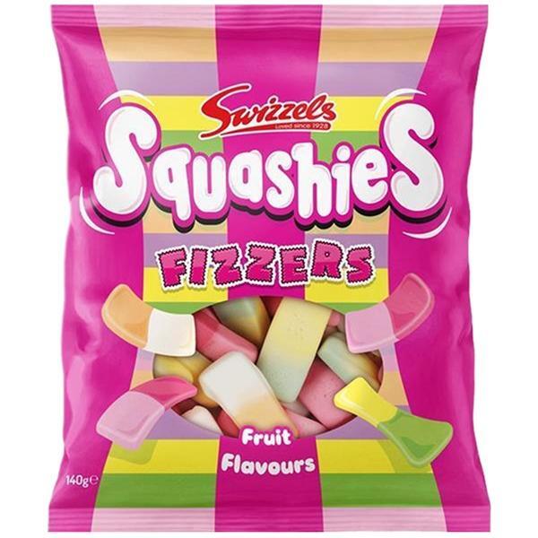 A colorful 140g bag of Twice as Sweet Squashies Fizzers (UK), featuring pink, yellow, and purple stripes with images of soft, fizzy fruit candy on the front.