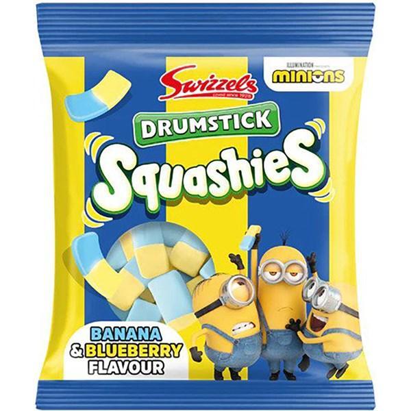 A 140g bag of Twice as Sweet Squashies Minions Banana and Blueberry from the UK, with yellow and blue packaging featuring Minions characters, sweet images, and the Minions movie logo.