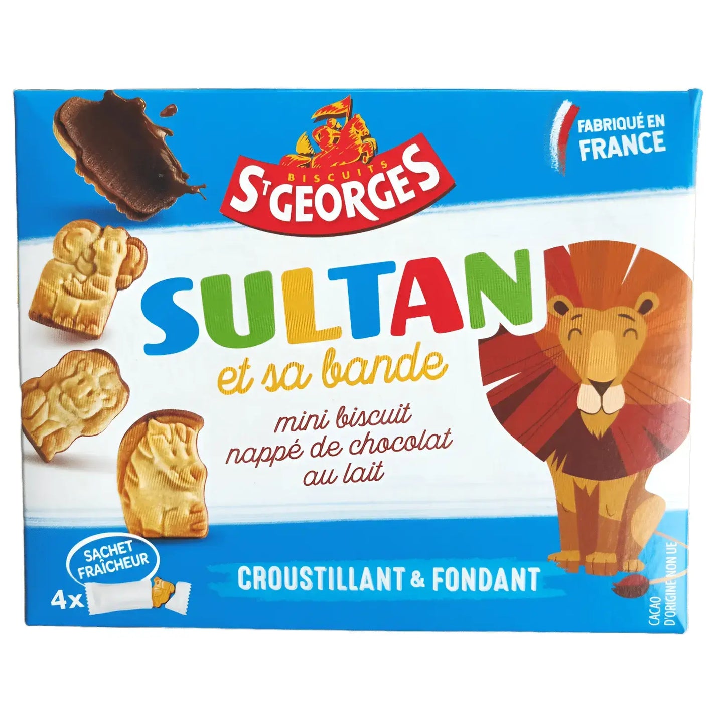 A blue box of Twice as Sweet St Georges Sultan 160g (France) features animal-shaped, crispy French cookies covered in milk chocolate and a lion cartoon.