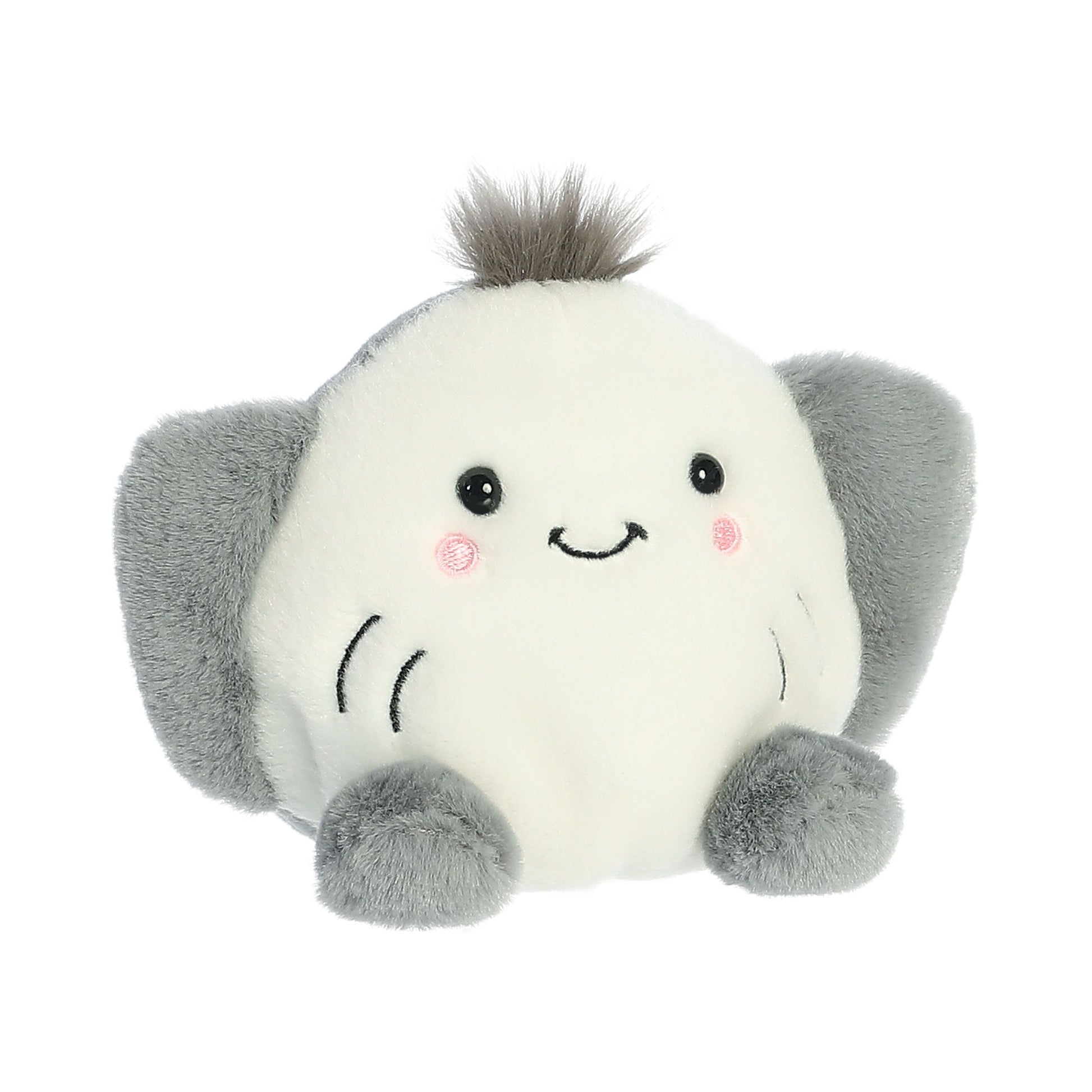 The Palm Pal Flapjack Stingray by Twice as Sweet is a cute, round plush toy with a white body, gray accents, pink cheeks, and an embroidered smile—an adorable addition to any aquatic stuffed animal collection.