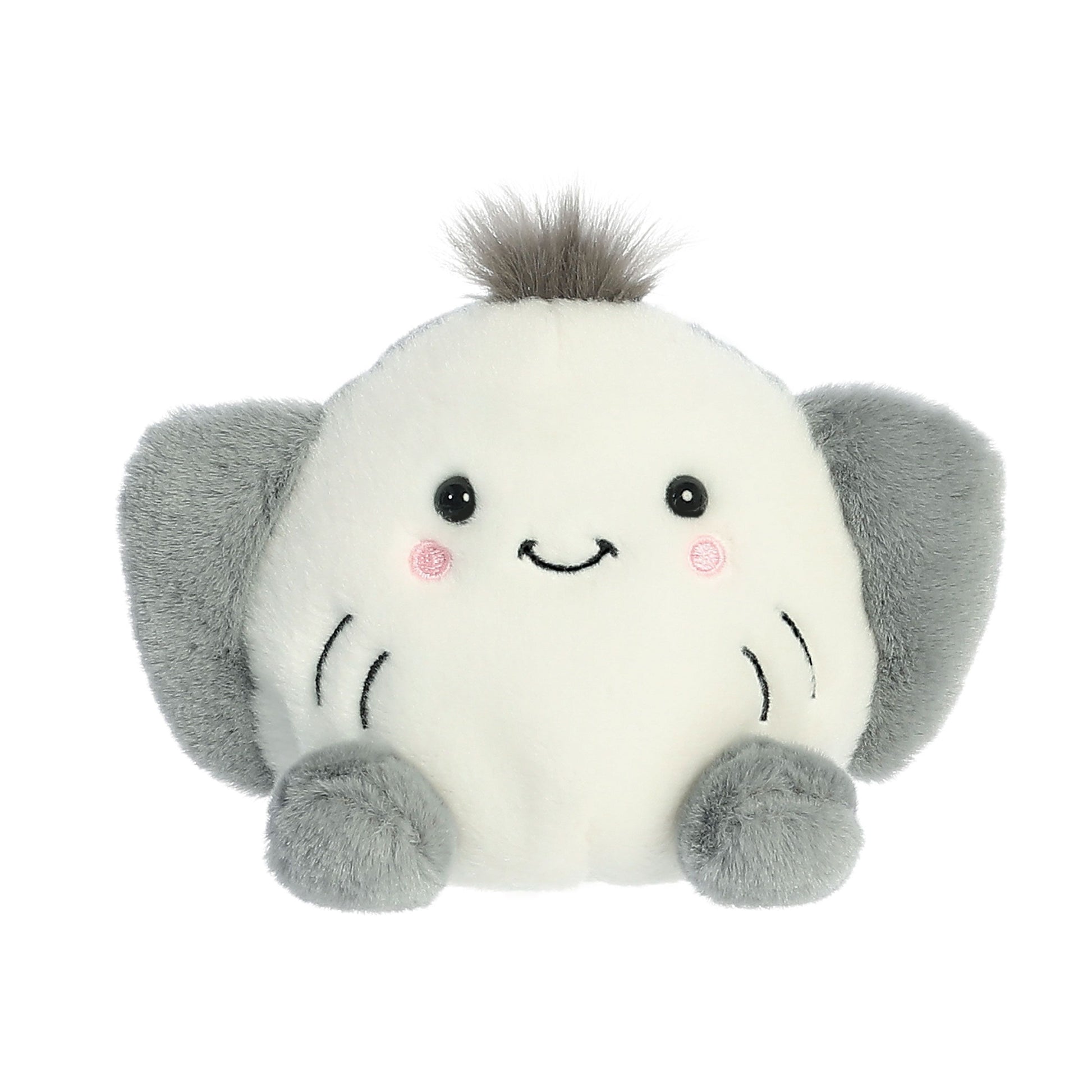A round, plush elephant toy with gray ears and feet sits beside the Twice as Sweet Palm Pal Flapjack Stingray, making the perfect pair of cuddly stuffed animals.