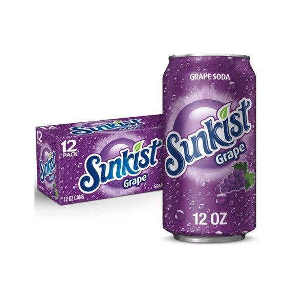 A 355mL can of Twice as Sweet Sunkist Grape (USA) sits before a 12-pack box, both with bright purple colors, bubbles, grape images, and the Sunkist Grape logo—a classic American favorite.