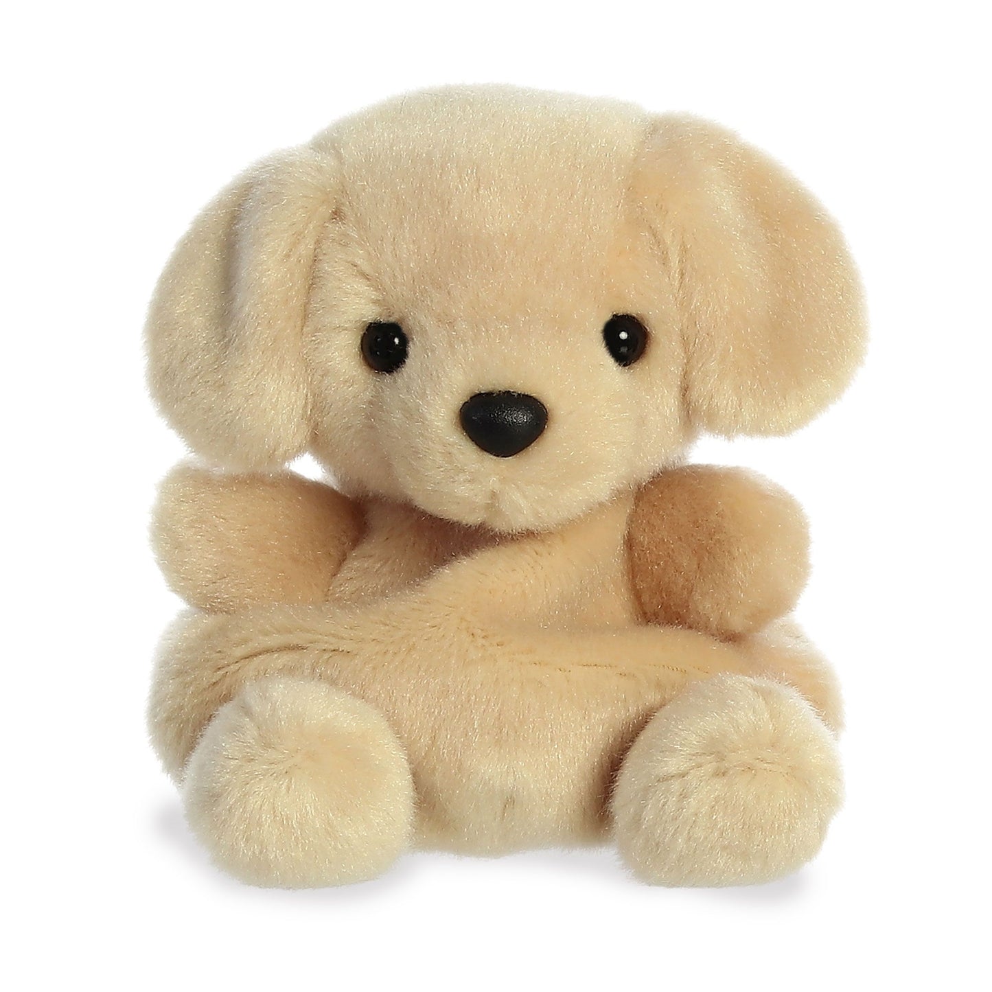 The Twice as Sweet Palm Pal Sunny Lab is a small, beige plush puppy with floppy ears, black button eyes, and a black nose, sitting upright—an adorable soft toy that looks just like a golden retriever.