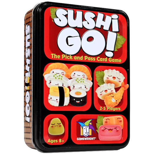 Sushi Go! card game packaging front view with cartoon sushi characters on a red background