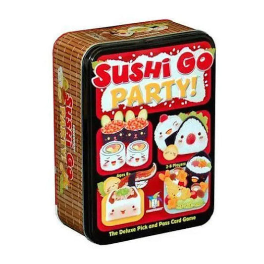 Sushi Go Party! card game tin box front view with colorful graphics on a white background