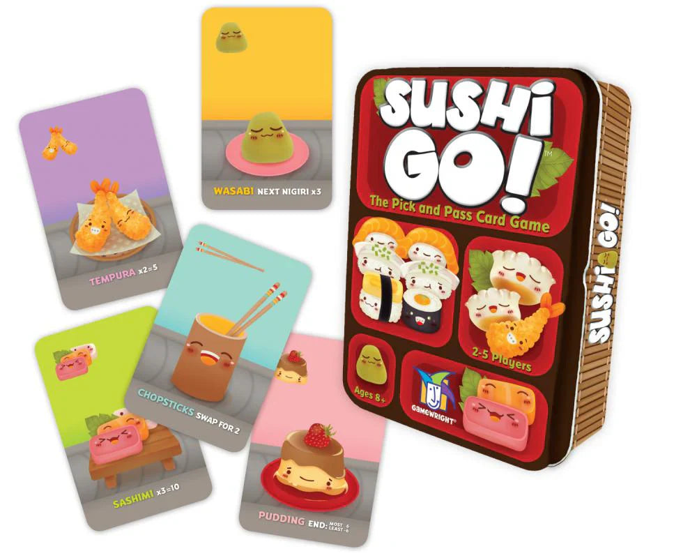 Sushi Go! card game packaging with cards displayed on a white background