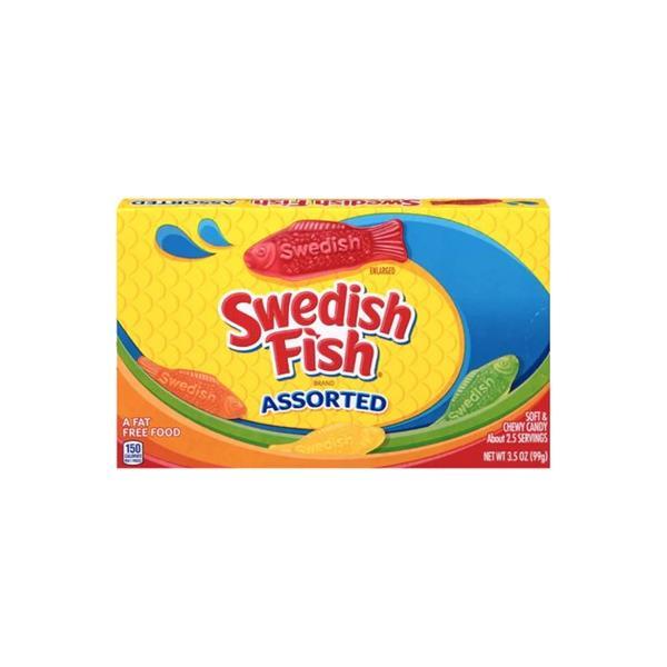 The Twice as Sweet Swedish Fish Theatre Box 99g (Canada) comes in a yellow box decorated with colorful fish-shaped gummies and bold Swedish Fish Assorted branding on the front.