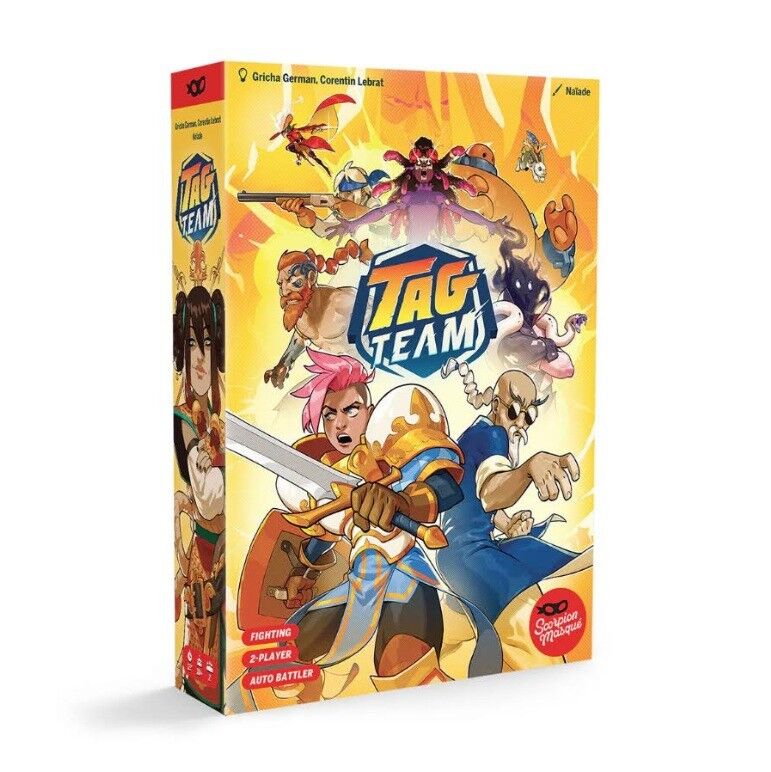 TAG TEAM board game box shown at a three-quarter angle on a white background. The box features colorful cartoon characters and the TAG TEAM logo prominently on the front and spine.