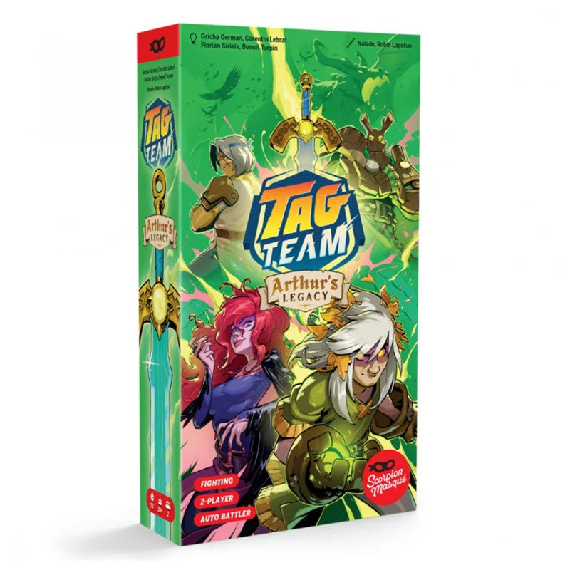 Tag Team: Arthur's Legacy board game box shown at a three-quarter angle on a white background. The box features vibrant green artwork with various fantasy characters and the game title 'TAG TEAM Arthur's Legacy' in bold blue and gold lettering.