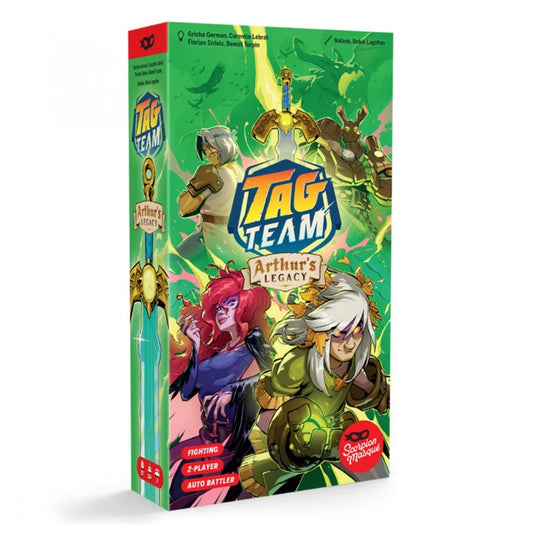 Tag Team: Arthur's Legacy board game box shown at a three-quarter angle on a white background. The box features vibrant green artwork with various fantasy characters and the game title 'TAG TEAM Arthur's Legacy' in bold blue and gold lettering.