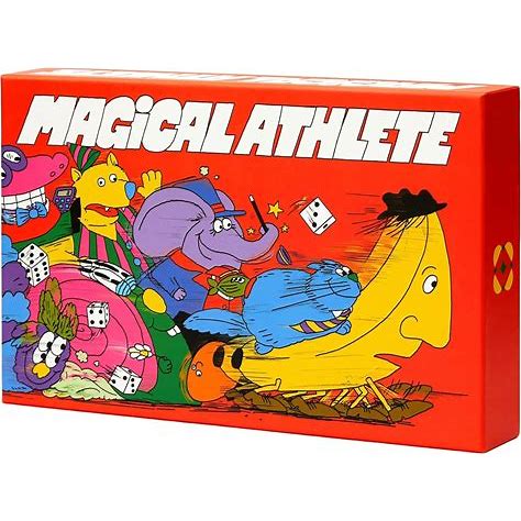 The 'Magical Athlete' board game box, featuring a bright red background with a colorful cartoon illustration of characters playing with dice and a banana-shaped figure, with the title 'MAGICAL ATHLETE' in bold white letters.