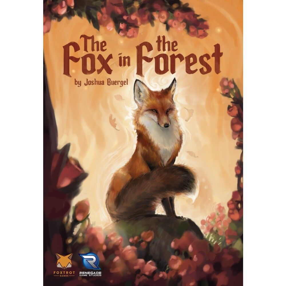 Front cover of the board game The Fox in The Forest showing a fox on an orange background bordered by plants