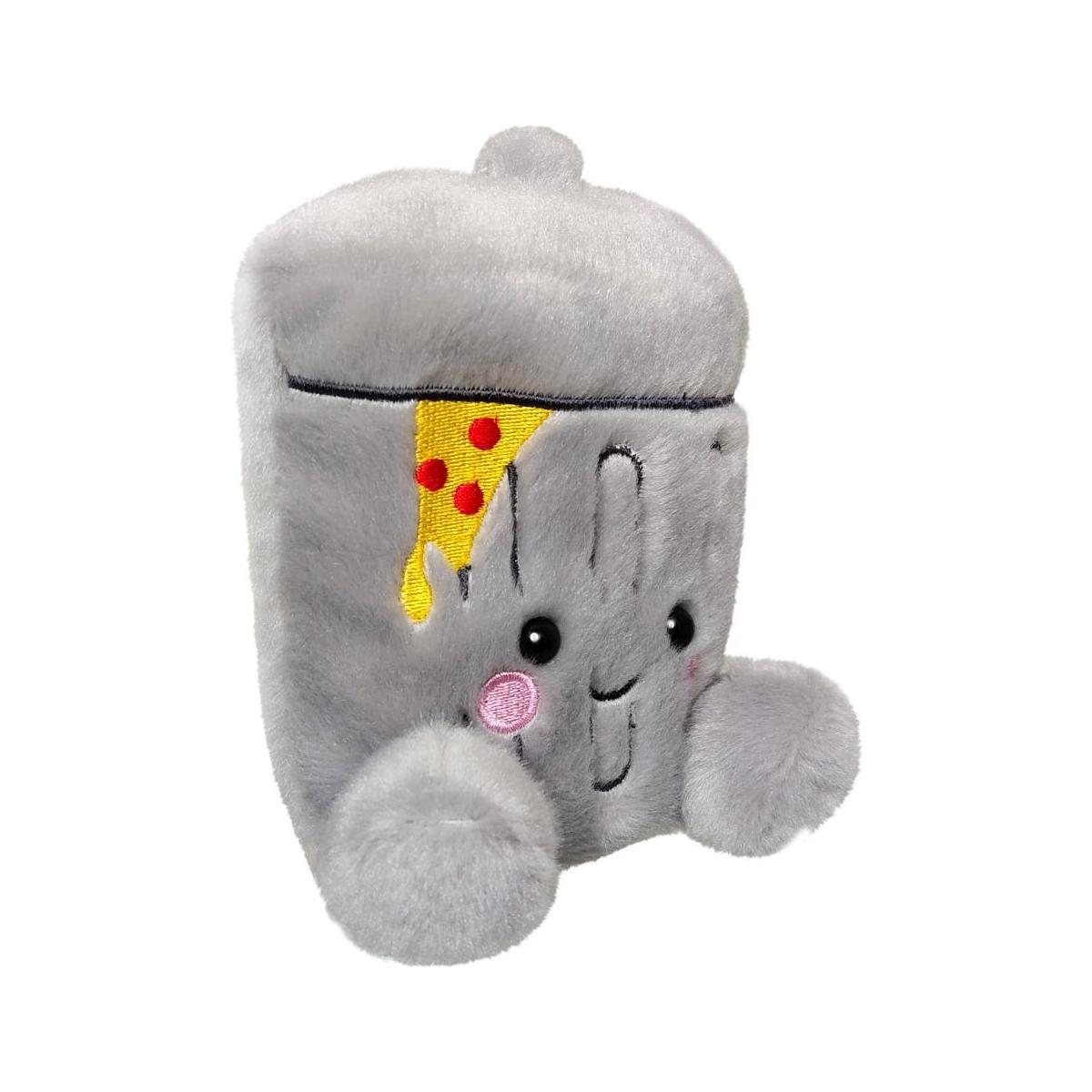 Meet the Palm Pal Garbanzo Trashcan by Twice as Sweet—a plush, gray trash can with a smiling face, pink cheeks, and round feet. An embroidered pepperoni pizza slice adds a whimsical party touch to its fun design.