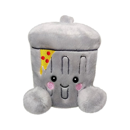 The Twice as Sweet Palm Pal Garbanzo Trashcan is a gray plush figure with a smiling face, pink cheeks, black eyes, fluffy round feet, and a plush pizza slice peeking from the lid—perfect for whimsical party themes.