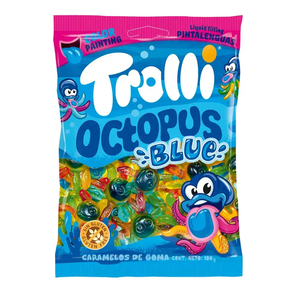 A colorful 100g bag of Twice as Sweet Trolli Octopus Blue gummies from Spain, with playful cartoon octopuses, fruity gummy candies inside, Spanish gluten-free labeling, and a fun tongue-painting effect.