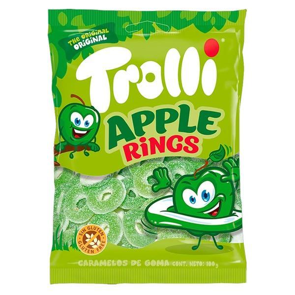Twice as Sweet Trolli Apple Rings 100g (Spain) comes in a green bag with animated apple graphics and displays green and white, sugar-coated sour apple gummy rings inside. This gluten-free candy is perfect for a fruity snack.