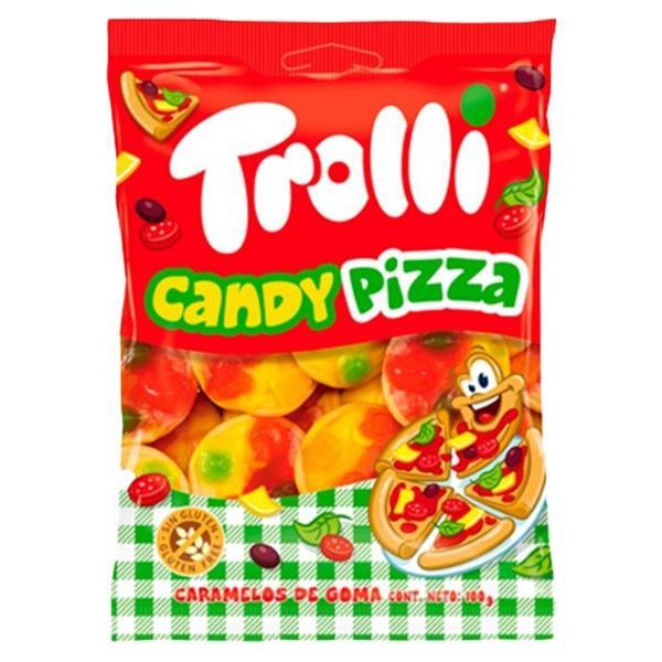 A colorful 100g bag of Twice as Sweet Trolli Candy Pizza (Spain) gummies, with vibrant red, yellow, and green packaging featuring playful text, cartoon pizza slices, and a green-and-white checkered tablecloth design.