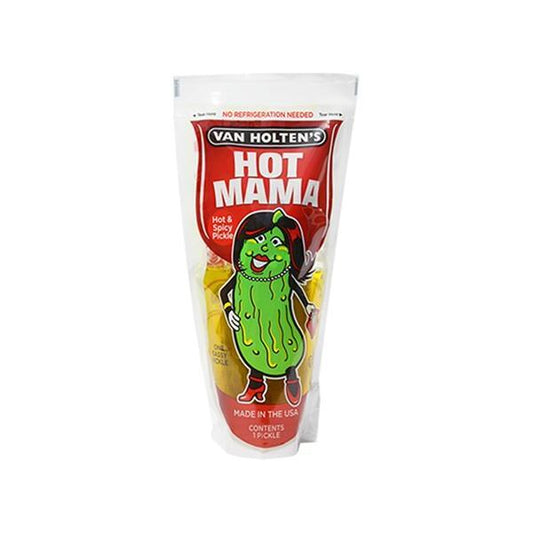 A pack of Twice as Sweet’s Van Holtens Hot Mama Pickle (USA), a spicy pickle snack, shows a cartoon pickle with lipstick and earrings on the clear packaging accented in bold red and yellow.