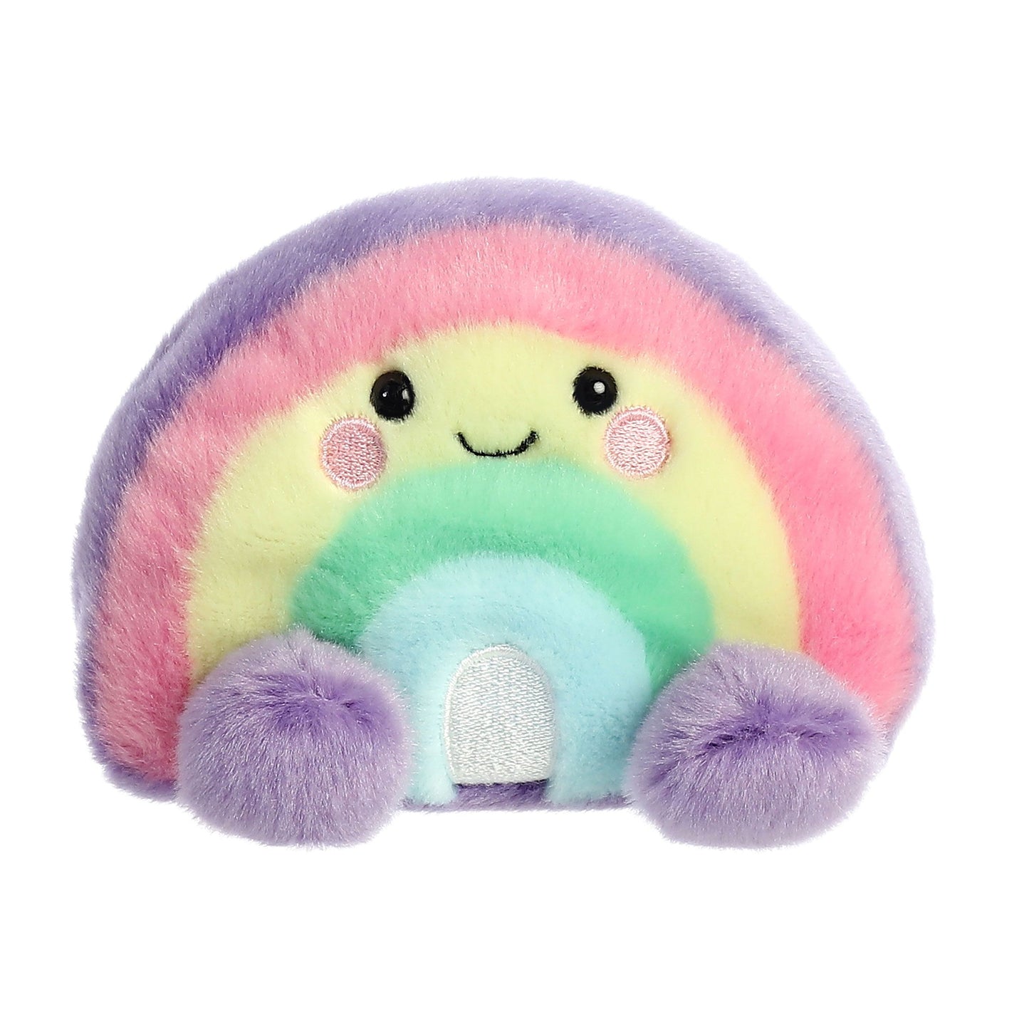 Twice as Sweet’s Palm Pal Vivi Rainbow is a pastel plush toy with a smiling face, rosy cheeks, and fluffy purple feet—this cheerful stuffed animal adds joy to any room.