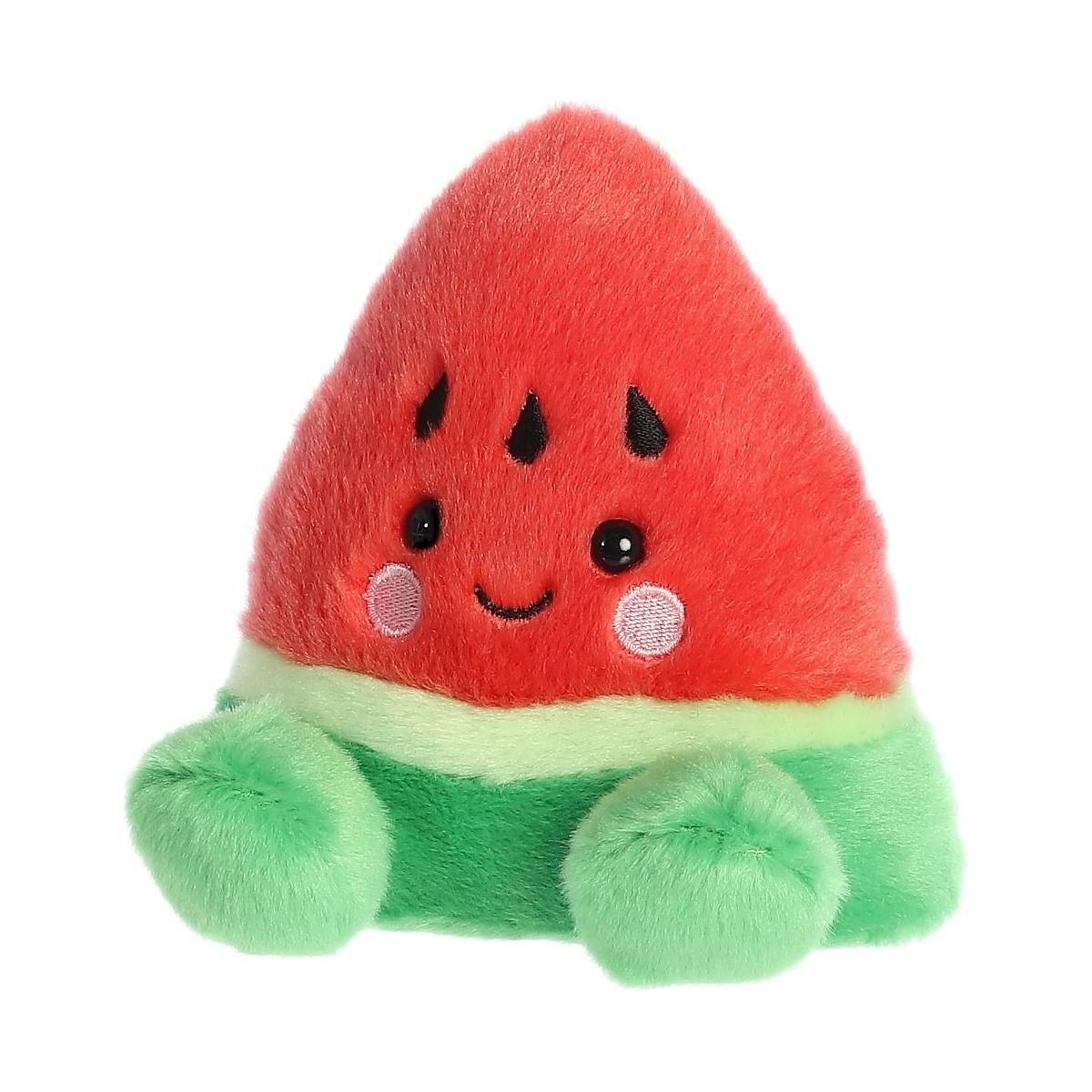 The Twice as Sweet Palm Pal Sandy Watermelon is a plush toy shaped like a smiling watermelon slice, featuring black seeds, rosy cheeks, soft arms, and a fuzzy green rind for an extra adorable summer look.