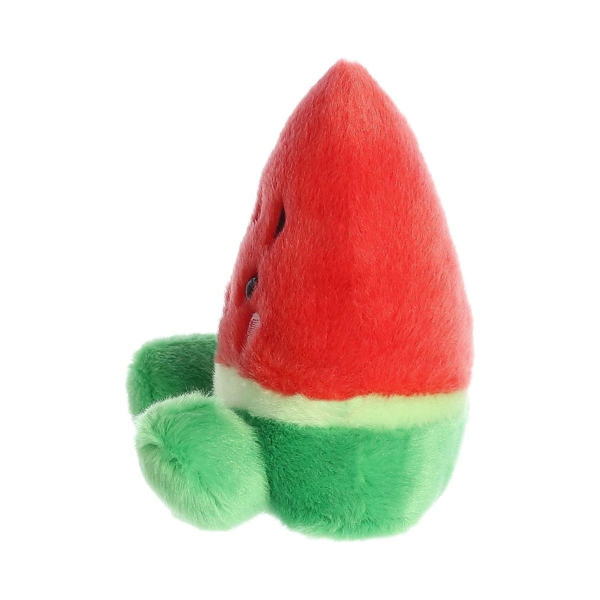 The Twice as Sweet Palm Pal Sandy Watermelon is a plush toy shaped like a watermelon slice, with a red top, green base, black eyes, and green arms and legs. This soft, fuzzy summer fruit plush is perfect for cuddling.