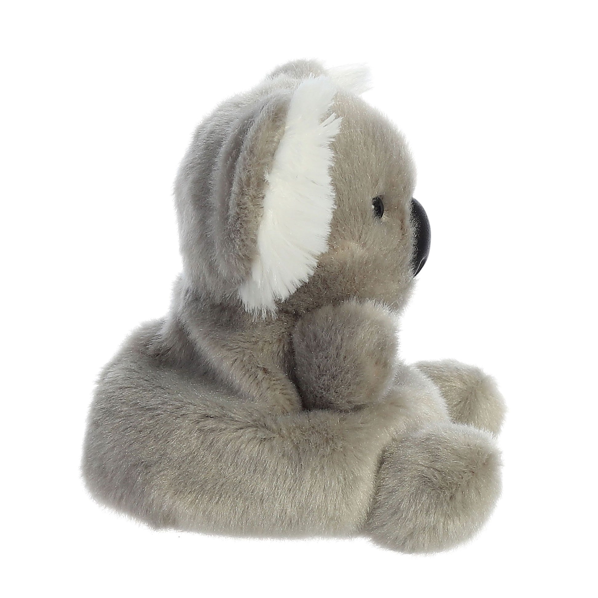 The Twice as Sweet Palm Pal Wiggles Koala plush is soft and gray with fluffy white ears, a black nose, and dark eyes. It sits upright facing left, arms and legs tucked in, against a plain white background.