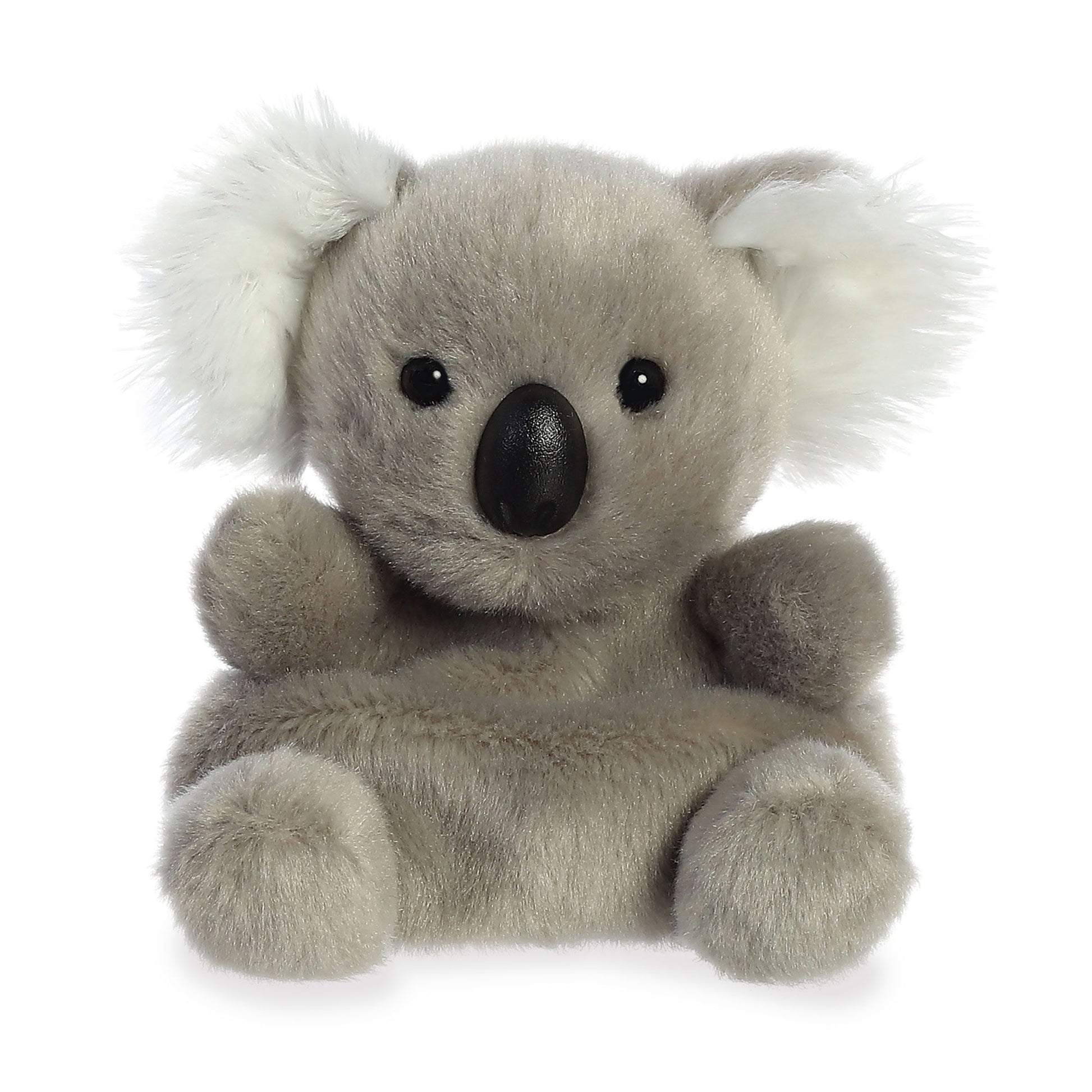 The Twice as Sweet Palm Pal Wiggles Koala is a plush toy featuring soft gray fur, white fluffy ears, black eyes, and a large black nose. This adorable zoo stuffed animal sits upright against a white background—perfect for all ages.