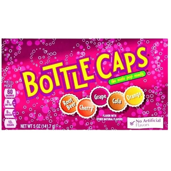 A vibrant Wonka Bottle Caps Theatre Box 141g (USA) from Twice as Sweet pops against a bubbly pink background. Enjoy classic soda flavors—root beer, cherry, grape, cola, orange—with no artificial flavors in this fun treat!.