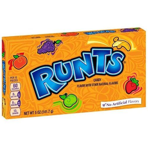 A vibrant orange 141g Wonka Runts Theatre Box by Twice as Sweet (USA) features colorful fruit images, bold blue “Runts” lettering, “No Artificial Flavors,” and front nutritional info.