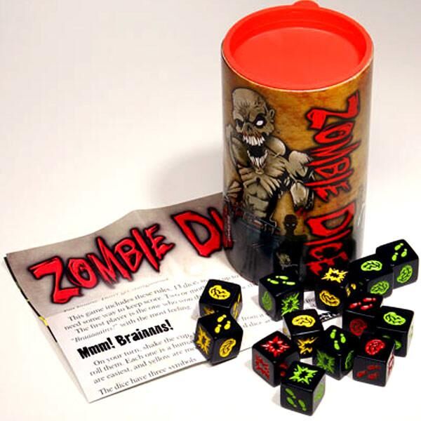 Zombie Dice game set with dice and packaging on a white background